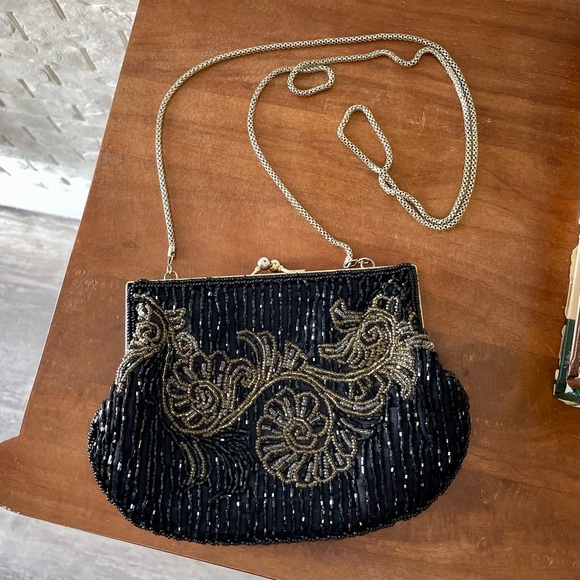 La Regale Handbags - SOLD Vintage La Regale Black Beaded Evening Bag Gold Bead Detailing + Chain